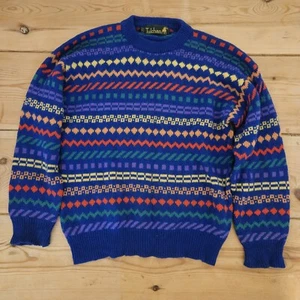 Vintage Tulchan Wool Jumper Women's Blue Size Medium Sweater Striped Bright - Picture 1 of 9