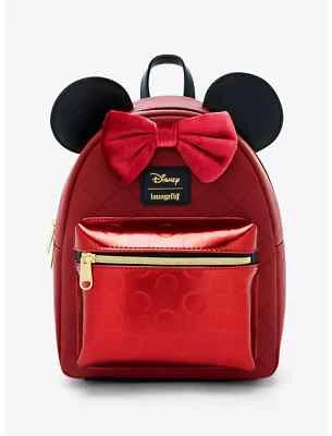 Mini Mochila Loungefly Disney Minnie Mouse Borgoña Terciopelo Arco - Nueva Foto 1 de 4