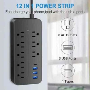 8 AC Outlets, 3 USB & 1 Type-C Ports, 4ft Extension Cable, Black Power Strip - Picture 1 of 6