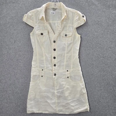 Guess Women Dress Small Cream Linen Mini Y2K Short Sleeve Button Front READ - Image 1 of 4