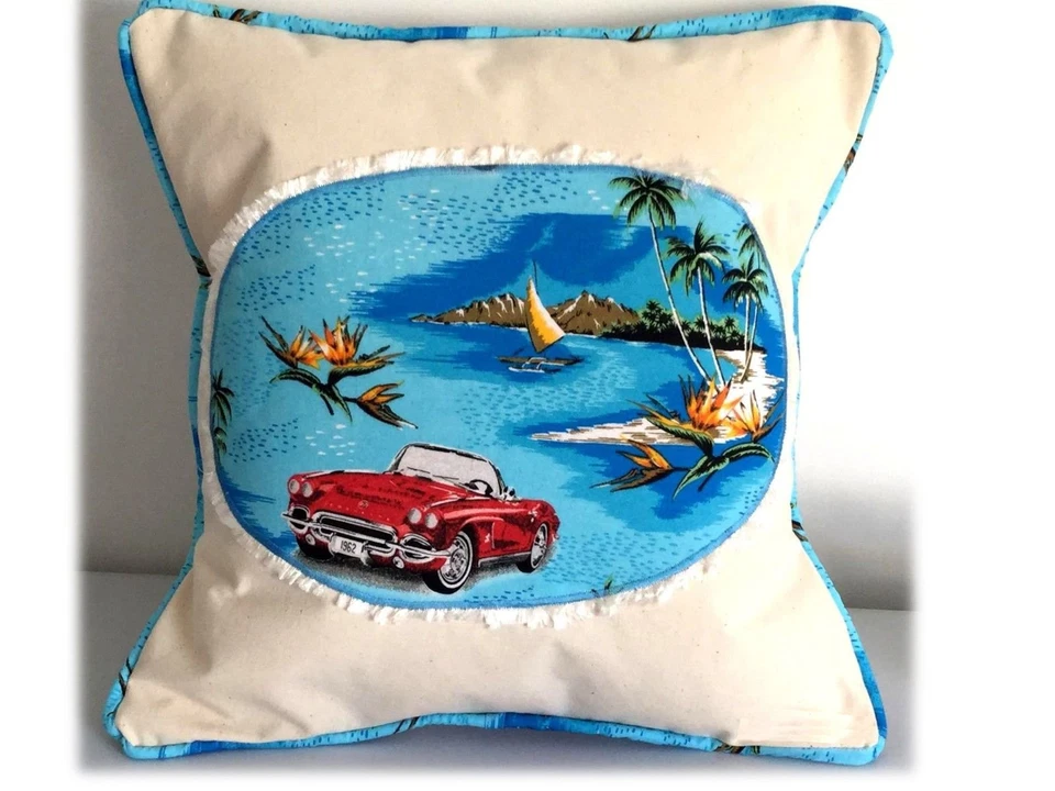 New Corvette Turquoise Red Beach Summer Fun Natural Cotton Cushion Cover 16x16 - Image 1 of 1