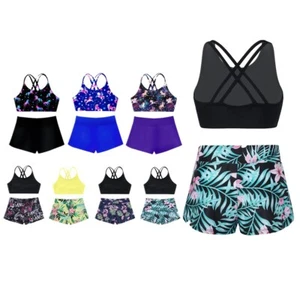 2Pcs Kids Girl Sport Suit Cropped Top+Shorts Set Gym Workout Yoga Sports Outfit - Picture 1 of 28