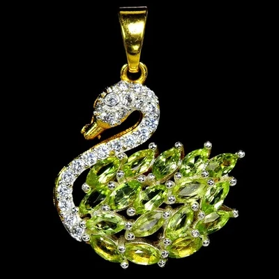 NATURAL AAA APPLE GREEN PERIDOT & WHITE CZ STERLING 925 SILVER SWAN PENDANT - Image 1 of 4