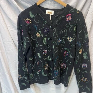 Vintage Talbots Embroidered Floral Cardigan Womens Size Medium Beaded Linen EUC - Picture 1 of 10