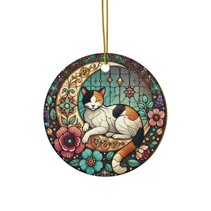 Calico Katze auf Mondsichel Keramik Ornament, Floral Buntglas Stil Dekor - Bild 1 von 4