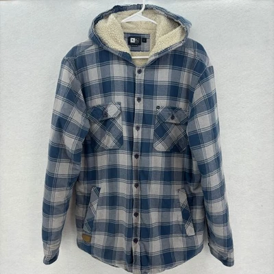 Rip Curl Sherpa Lined Hooded Flannel Shacket Men's Large Blue Plaid 100% Cotton - Image 1 of 4