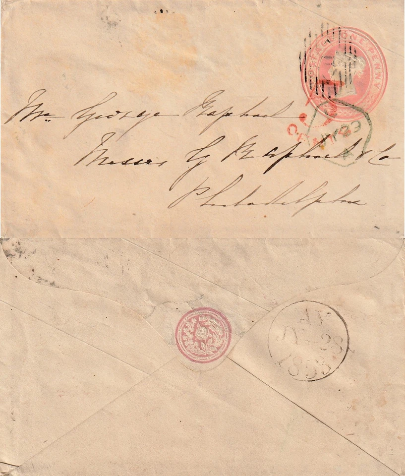 GB to US QV 1d Stationery Barred IT Triangle in Grid 5c Postage Due in Red 1853 - Image 1 of 1
