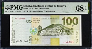 El Salvador 100 Colones 1998 Pick-151b SUPERB GEM UNC PMG 68 EPQ - Picture 1 of 2