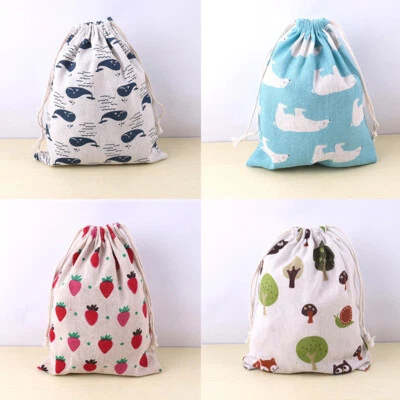Cotton Linen Fabric Pouch Drawstring Bag Kids Travel Cloth Shoes Storage Bag LOT - Image 1 of 4