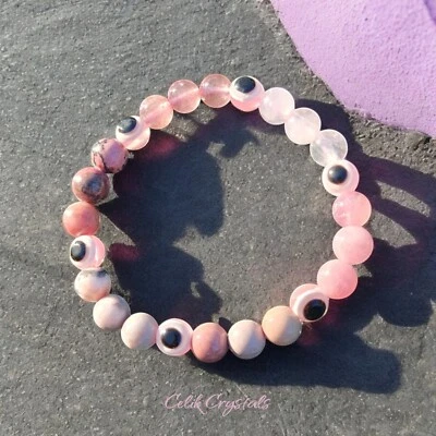 Pink Evil Eye Bracelet Natural Stones 8mm With Rose, Strawberry, Lavender... - Image 1 of 4