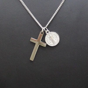 Cross & Saint Benedict Medal Pendant Set Stainless Steel Protection - Picture 1 of 6