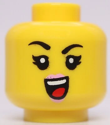 Lego Amarillo Minifigura Cabeza Doble Cara Mujer Negro Cejas Rosa Brillante Labios Sonrisa Foto 1 de 2