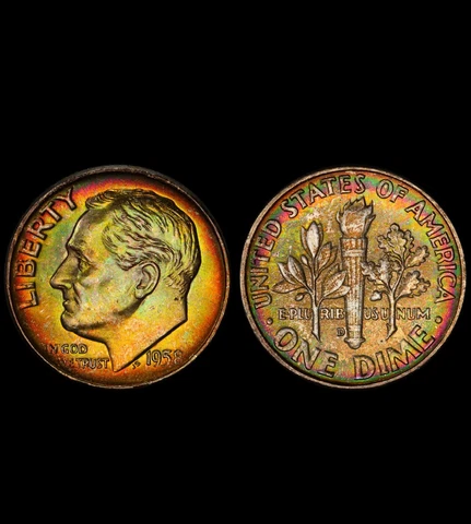 MS67 1958-D 10C Roosevelt Silver Dime, PCGS Secure- Rainbow Mint Set Toned Cover