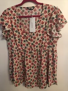 NWT Bloomchic Vibrant Floral Short Flutter Sleeve Elastic Waist Blouse 1X 14-16 - Picture 1 of 7