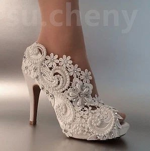 su.cheny 3" 4" heel satin white ivory lace pearls open toe Wedding Bridal shoes - Picture 1 of 20