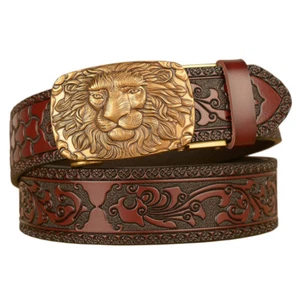 Cinturón de cuero de vaca informal de moda dominante cabeza de león hebilla automática cinturón para hombre - Imagen 1 de 12