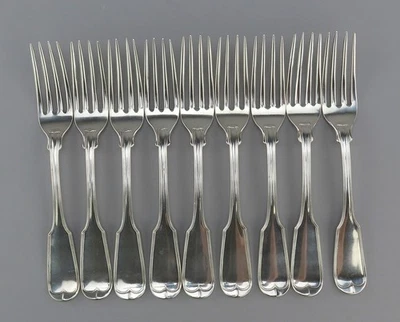 9 огромных серебряных вилок для обеденной скрипки 1840-х годов Jones Lows Ball 8 1/4 дюйма - Изображение 1 из 4