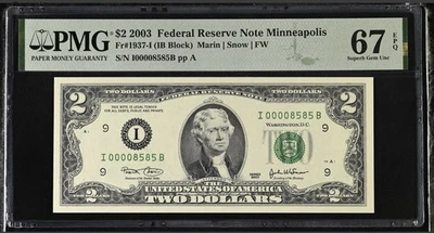2003 $2 FRN Minneapolis PMG 67 EPQ – Fancy Low Serial 00008585B Gem Superb Rare - Image 1 of 3