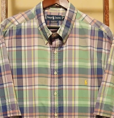 Camisa Polo Ralph Lauren Abotonada Para Hombres 3XLT Azul Cuadros Manga Corta Poni Foto 1 de 4