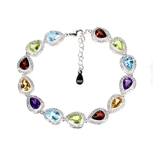 925 Sterling Silver Bracelet Pear Citrine Amethyst Topaz Gemstone Jewelry 7 Inch - Picture 1 of 13