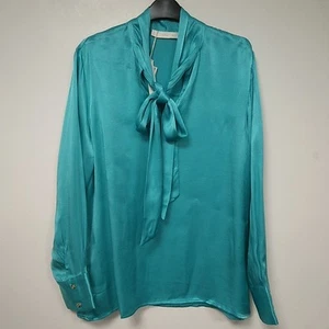 MANGO "Committed" Blouse Pussycat Bow #234, Turquoise Satin Viscose, Small, NWT - Picture 1 of 11