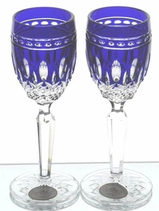 Ajka Clarendon Kobaltblau geschliffen auf klarem Kristall Cordial Likörkelche Paar Neu - Bild 1 von 3
