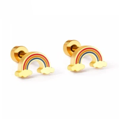 Kinder Damen Ohrringe Ohrstecker Regenbogen Edelstahl  Trend Gelbgold Neu - Bild 1 von 3