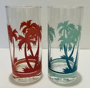 Set of 2 Vintage Ocean Tiki Tropical Palm Trees Tall Glasses - Picture 1 of 3