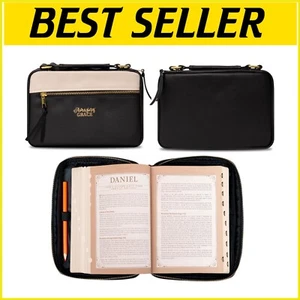 Stylish 'Amazing Grace' Medium Bible Cover in Black & Tan with Organized Pockets - Picture 1 of 12