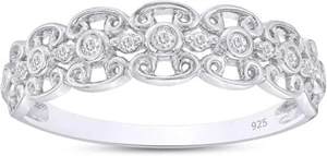 1/10ct Natural Diamond Scroll Design Stackable Band Ring 925 Sterling Silver - Picture 1 of 16