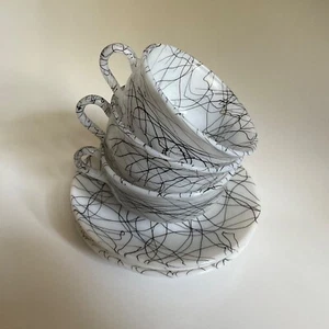 Hazel Atlas Spaghetti Drizzle Sets, 3 Cup And Saucer Sets, MCM White & Black - Picture 1 of 8