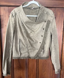 Free People Cropped Jacket Large Washed Green Ruffle Open Asymmetrical Blazer - Picture 1 of 18