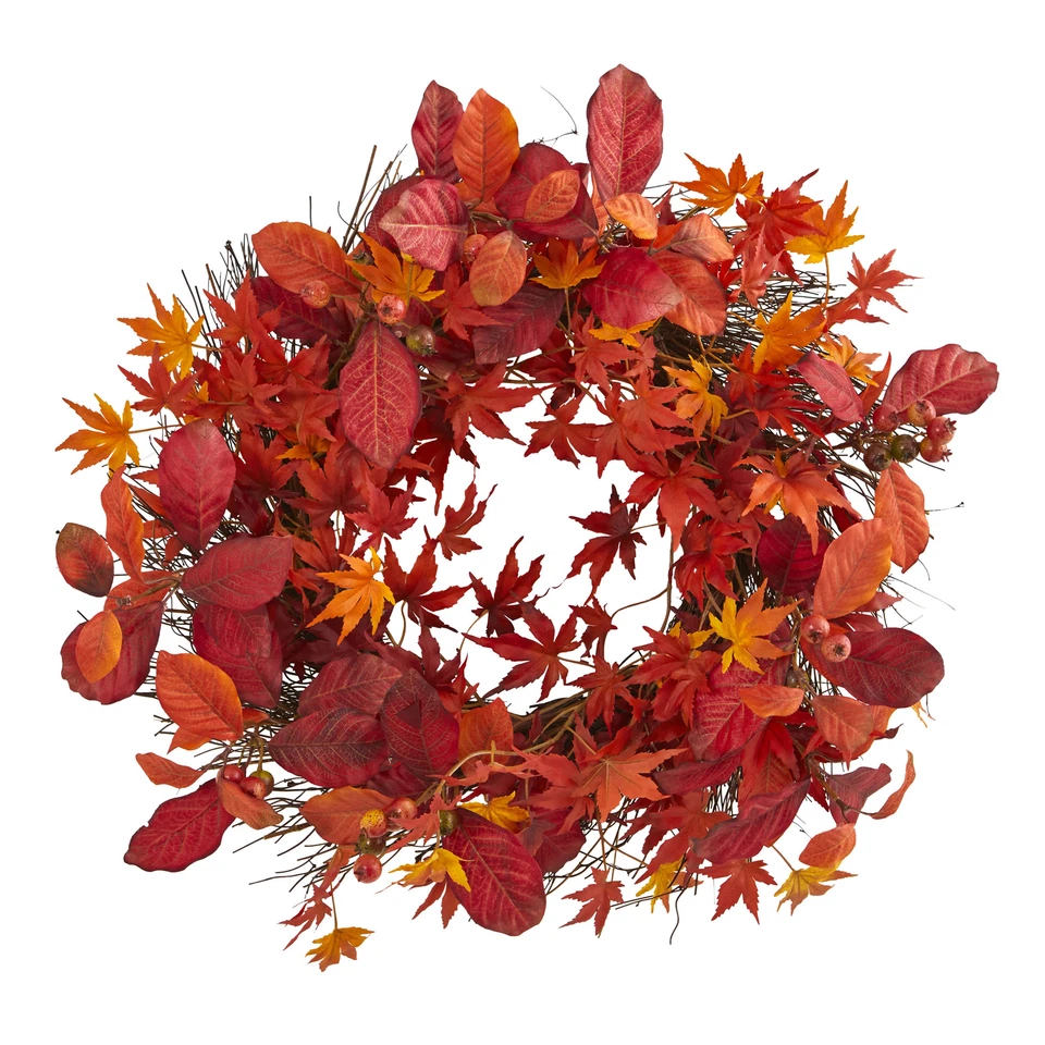 Nearly Natural 22” Japanese Maple Magnolia Leaf and Berries Artificial Wreath - Image 1 of 1