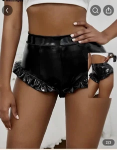 Faux Patent Leather Sexy Black Ruffled Hem cheeky Shorts L - Picture 1 of 2