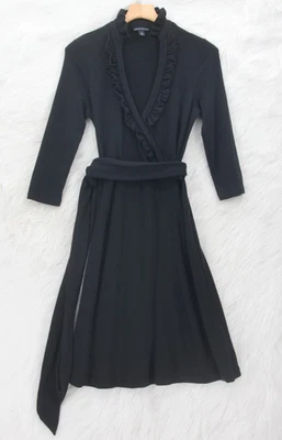 Banana Republic Black 3/4 Sleeve Faux Wrap Midi Dress Small Ruffle Wool Bld 1305 - Image 1 of 4