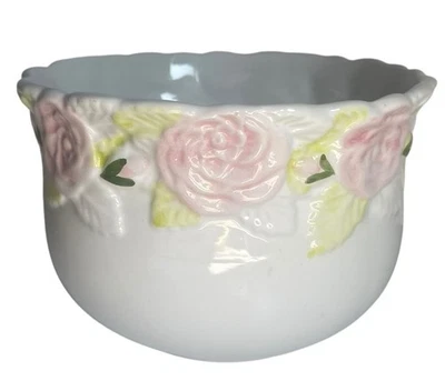 VTG Alcobaca Ceramic Hand Painted White w Pink Rose Planter Portugal Jardiniere - Image 1 of 4
