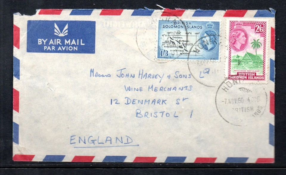 1960 Islas Salomón Británicas 1/3 y 2/6d fino usado en cubierta de correo aéreo a Bristol Foto 1 de 1