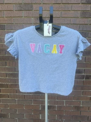 Camiseta Top Jessica Simpson Gris Recortada con Volantes VACAY Niñas Talla XL 14-16 Nueva Foto 1 de 4