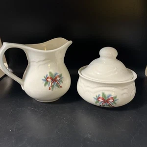 Pfaltzgraff "Red Ribbons" Creamer and Sugar Bowl With Lid - Picture 1 of 7