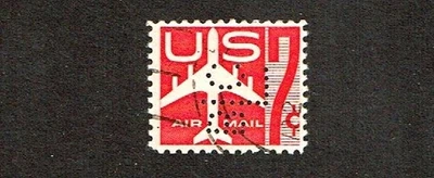 1960 U.S. AIRMAIL 7c Carmine Airplane PERFIN  Sc#C60 Used - Image 1 of 2