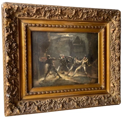 MUSKETEER DUEL BY MOONLIGHT - ANTIQUE OIL PAINTING 19th CENTURY - SIGNED LOMBARD - Image 1 of 4