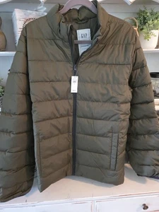 NWT Mens Large GAP ColdControl Olive Green Puffer Jacket Quilted Water Resistant - Picture 1 of 7