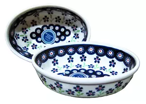 Boleslawiec Polish Pottery Zaklady Small Oval Baker SET x 2 Blue Flowers 6.5 in - Picture 1 of 5