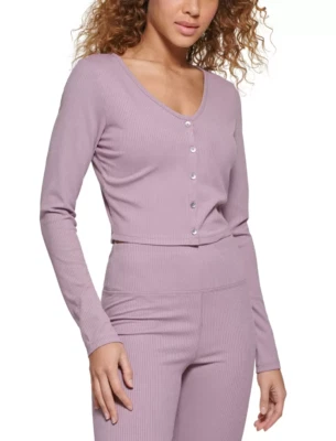 Calvin Klein Performance Womens Slim Fit Cardigan Cropped Ribbed Dark Pink S/M/L - Image 1 of 4