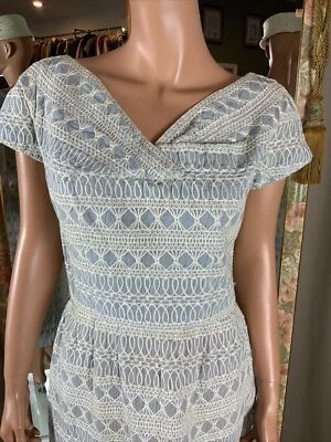 Vintage 1950s Carlye Semi Sheer Blue Full Crocheted Wiggle Dress Sz 10 B 37 W 28 - Image 1 of 4