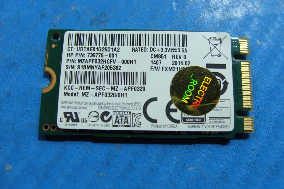 HP 14-q063cl Samsung 32GB M.2 SATA SSD MZAPF032HCFV-000H1 736776-001 - Image 1 of 2