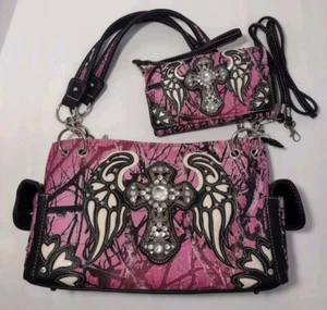 Portafoglio rosa mimetico croce alata e pochette strass bling borsetta borchie - Foto 1 di 14