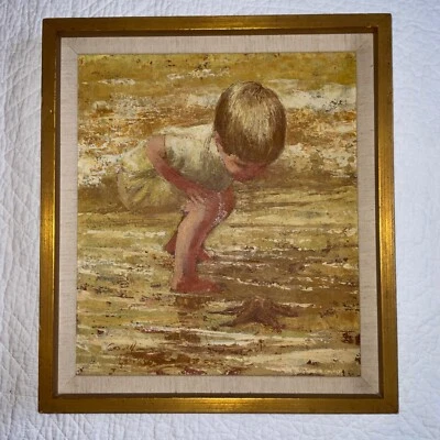 Niño pequeño en la playa pintura al óleo original retrato pintado a mano por H Caswell Foto 1 de 4