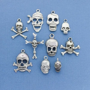 Skull Charm Collection Antique Silver Tone 10 Different Charms - COL050 - Picture 1 of 2