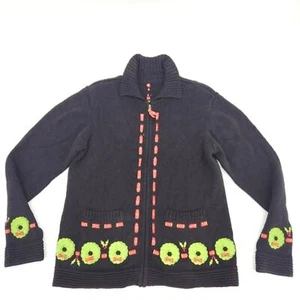 Investments Sweater Cardigan Womens Medium Black Ugly Christmas Wreath Zip Up - Picture 1 of 8